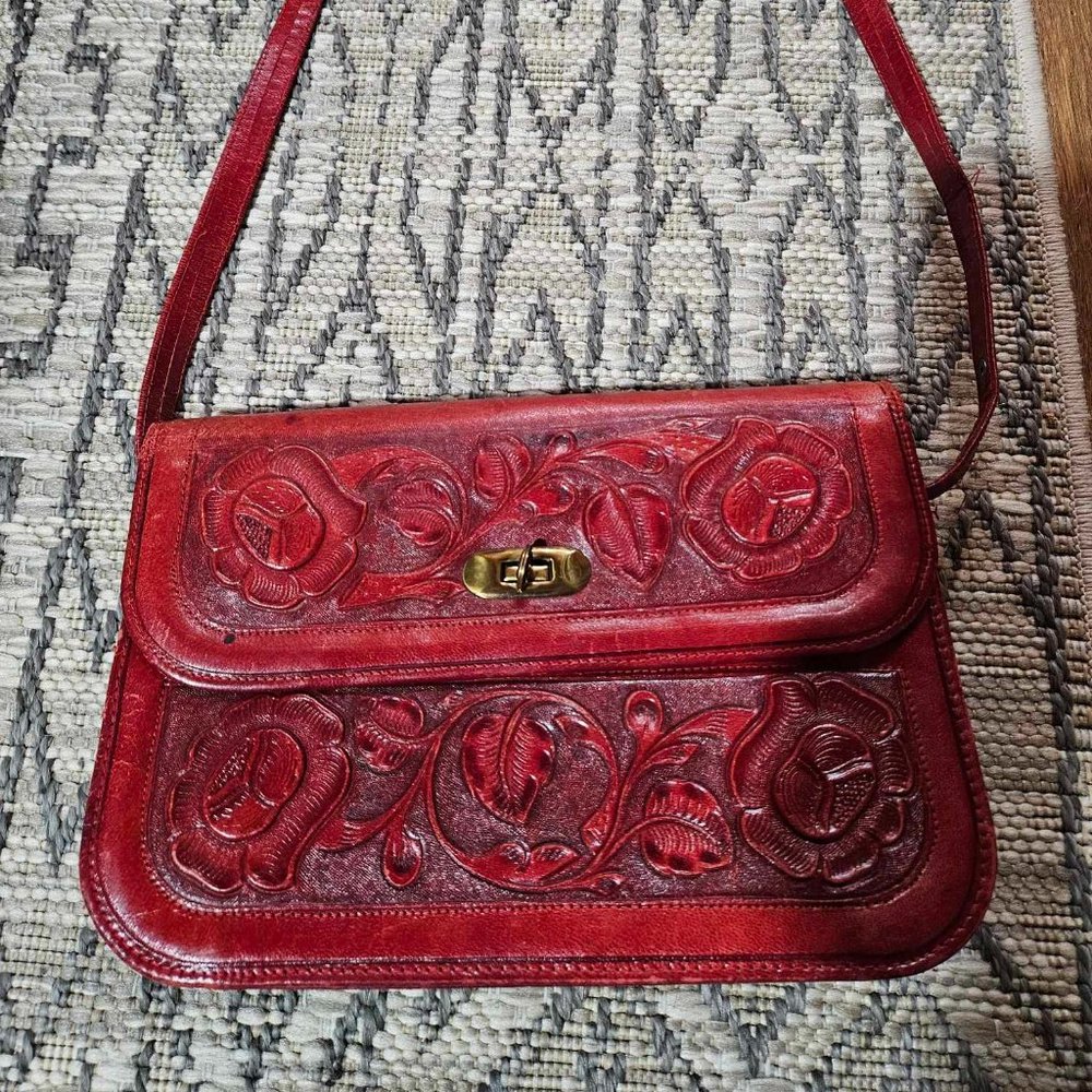 Vintage Boho Red Leather Tooled Purse